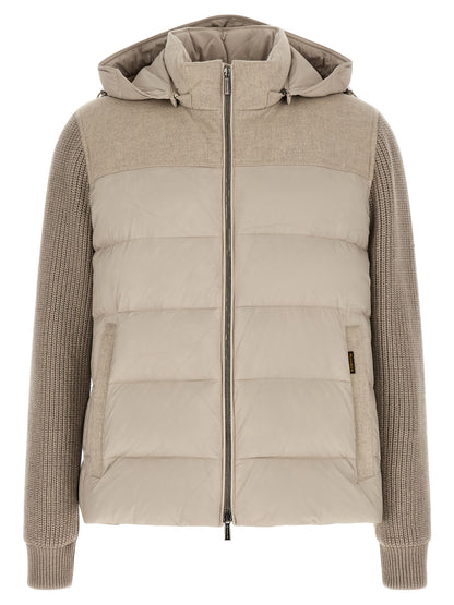 Hooded Overcoat by MooRER for men in cashmere wool flannel & goose-down beige features an voluminous silhouette, showcasing distinct pockets, hooded & insulated and a voluminous hooded neckline for a truly voluminous aesthetic.