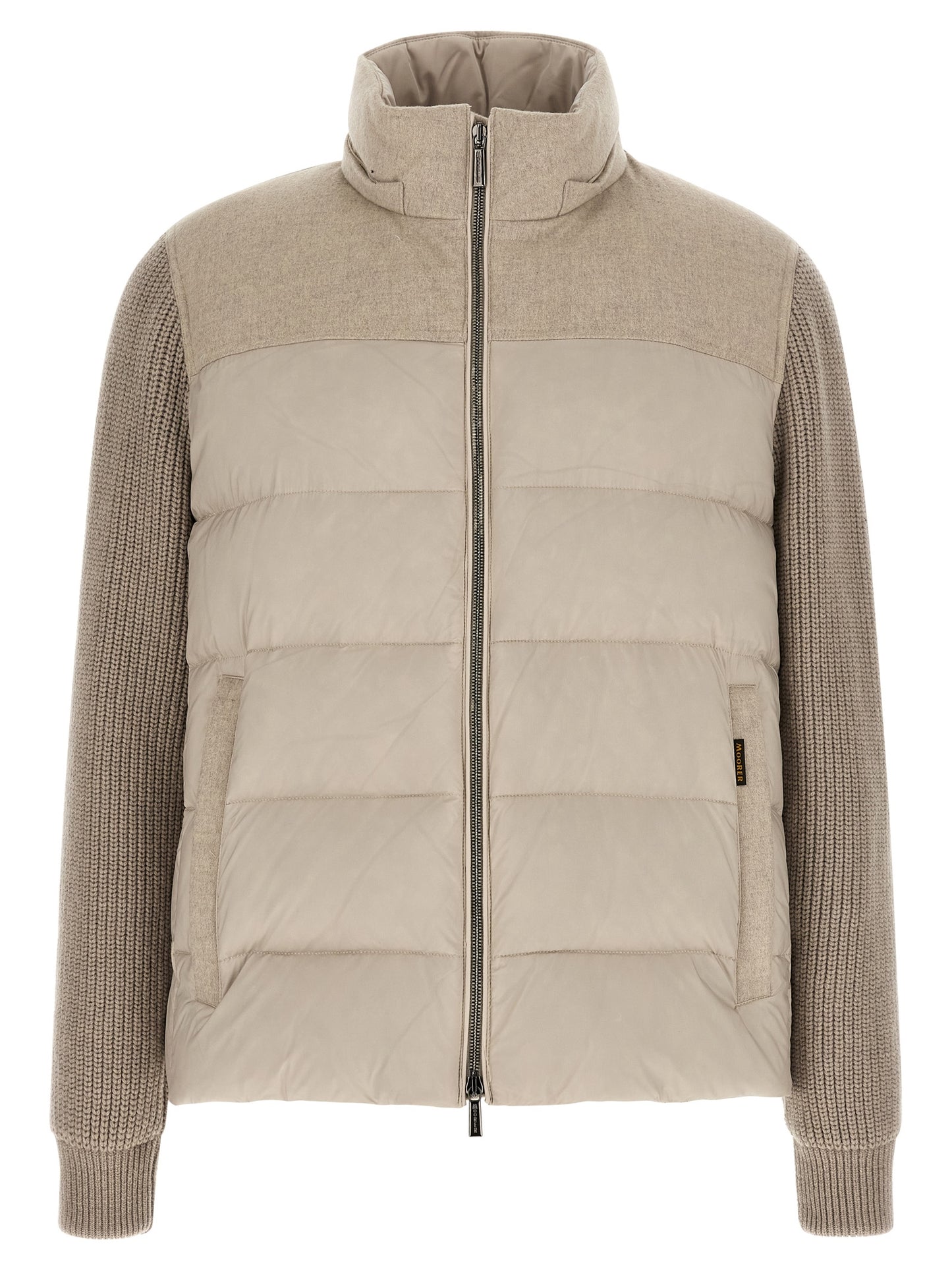 Hooded Overcoat by MooRER for men in cashmere wool flannel & goose-down beige showcases a enveloping silhouette, detailed with distinctive pockets, hooded & insulated and a enveloping hooded neckline.