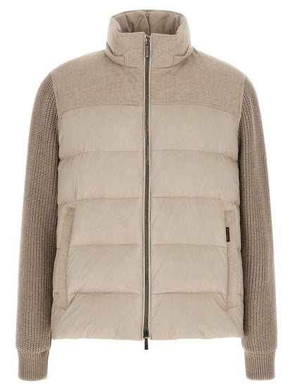 Hooded Overcoat by MooRER for men in cashmere wool flannel & goose-down beige showcases a enveloping silhouette, detailed with distinctive pockets, hooded & insulated and a enveloping hooded neckline.
