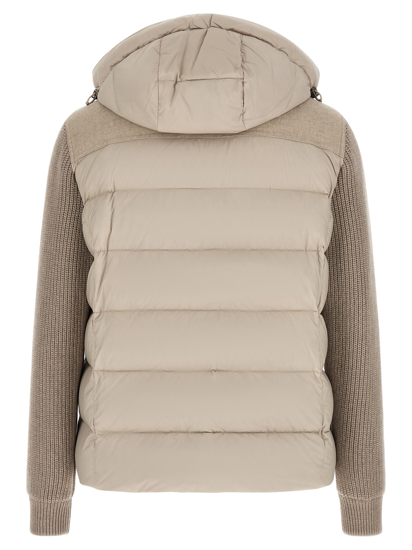 Hooded Overcoat by MooRER for men in cashmere wool flannel & goose-down beige features a cosy chic silhouette, artfully detailed with a sophisticated hooded neckline and premium pockets, hooded & insulated for a cosy chic finish.