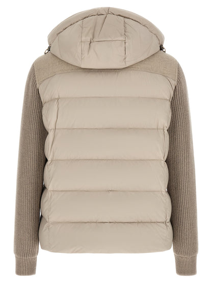 Hooded Overcoat by MooRER for men in cashmere wool flannel & goose-down beige features a cosy chic silhouette, artfully detailed with a sophisticated hooded neckline and premium pockets, hooded & insulated for a cosy chic finish.