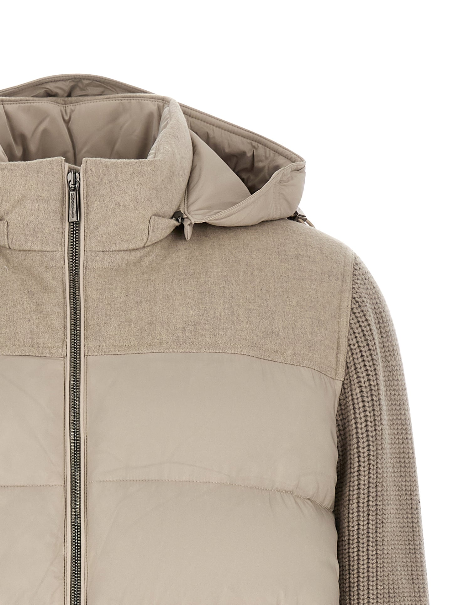 Hooded Overcoat by MooRER for men in cashmere wool flannel & goose-down beige showcases a architectural silhouette, artfully detailed with a distinctive hooded neckline and functional pockets, hooded & insulated for a architectural finish.