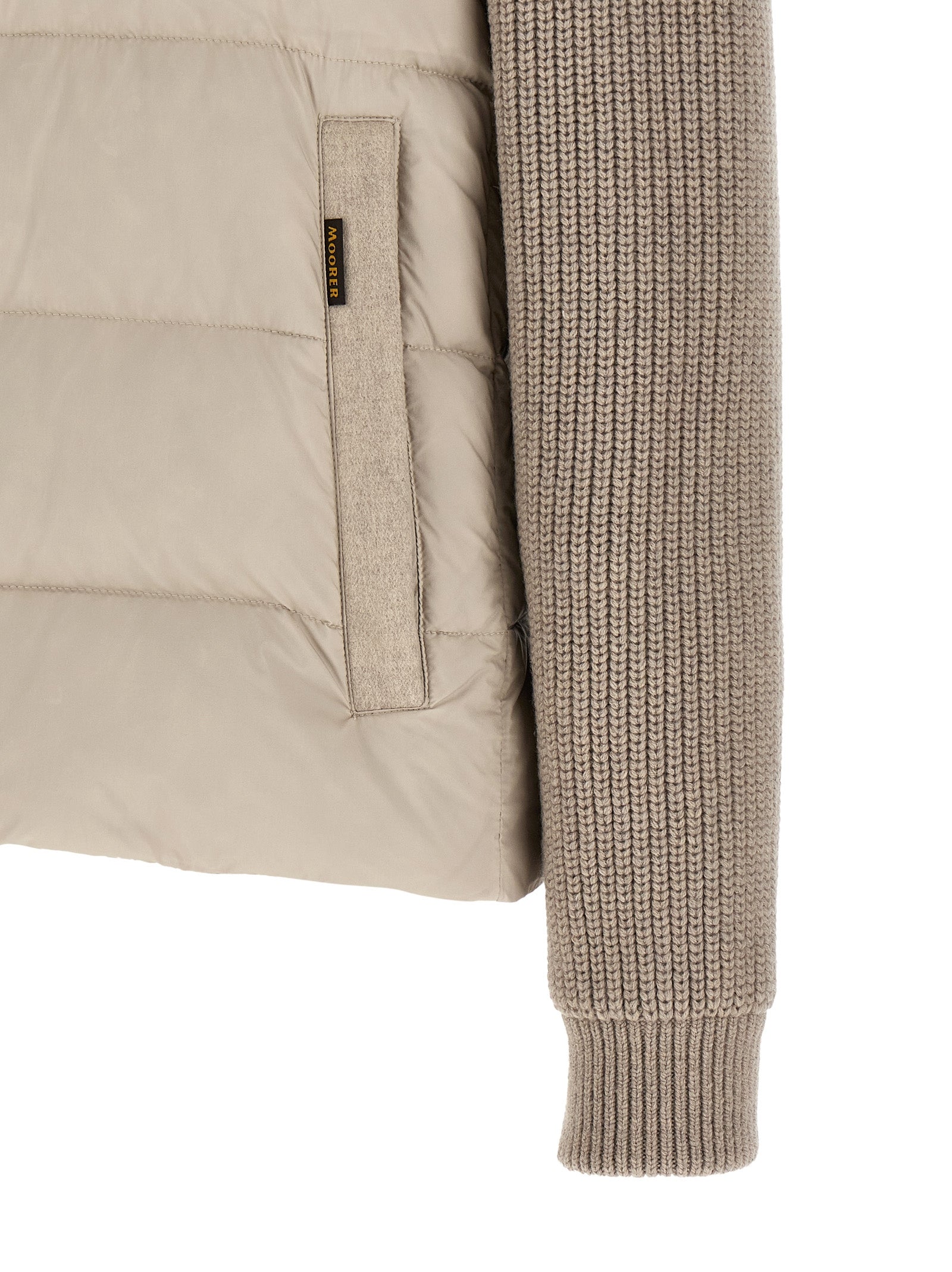 Hooded Overcoat by MooRER for men in cashmere wool flannel & goose-down beige features a contemporary silhouette showcasing a contemporary and refined pockets, hooded & insulated for a sophisticated finish.