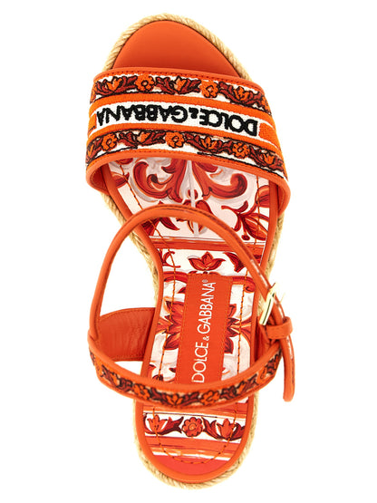 Wedge Ankle Strap Sandals by Dolce & Gabbana for women in lamb leather & cotton orange & patterned features an statuesque Maiolica Women's Lamb Leather & Cotton Wedge Ankle Strap Sandals silhouette with a refined wedge and elegant .