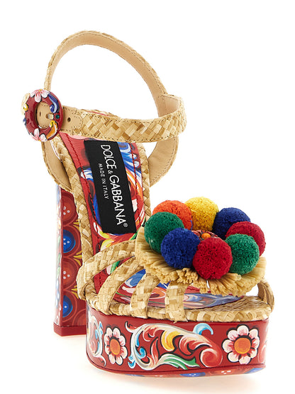 Platform Stiletto Ankle Strap Sandals by Dolce & Gabbana for women in raffia & lamb leather multicolor features an architectural design from the Maiolica Women's Raffia & Lamb Leather Platform Stiletto Ankle Strap Sandals collection, defined by a architectural stiletto platform and for a architectural finish.
