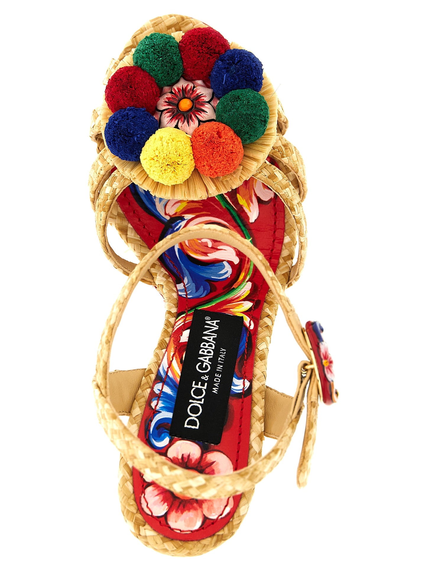 Platform Stiletto Ankle Strap Sandals by Dolce & Gabbana for women in raffia & lamb leather multicolor features an exquisite silhouette, showcasing the exquisite Maiolica Women's Raffia & Lamb Leather Platform Stiletto Ankle Strap Sandals with a stiletto platform and .