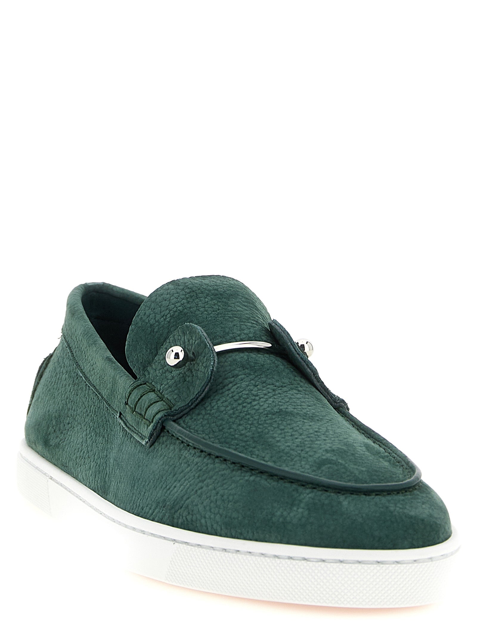 Loafer Slip-On Lace-Up Shoes by Christian Louboutin for men in calfskin leather bicolour & green showcases a timeless silhouette from the De Poudre Men's Calfskin Leather Loafer Slip-On Lace-Up Shoes collection, featuring a timeless and for a timeless finish.