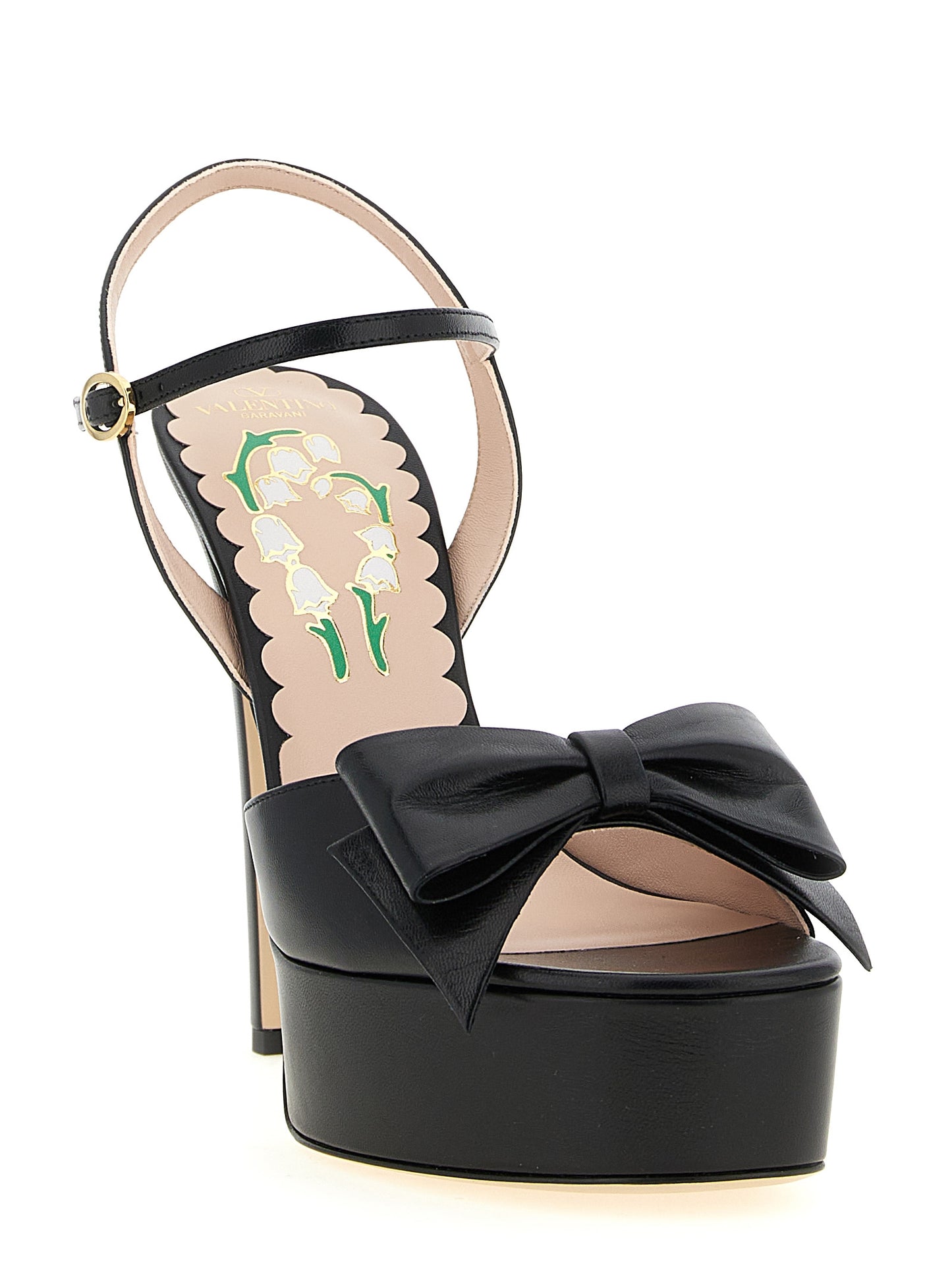 Platform Stiletto Ankle Strap Sandals by Valentino Garavani for women in calfskin leather black, floral & signature features an statuesque V Logo Women's Calfskin Leather Platform Stiletto Ankle Strap Sandals silhouette with a refined stiletto platform and elegant .
