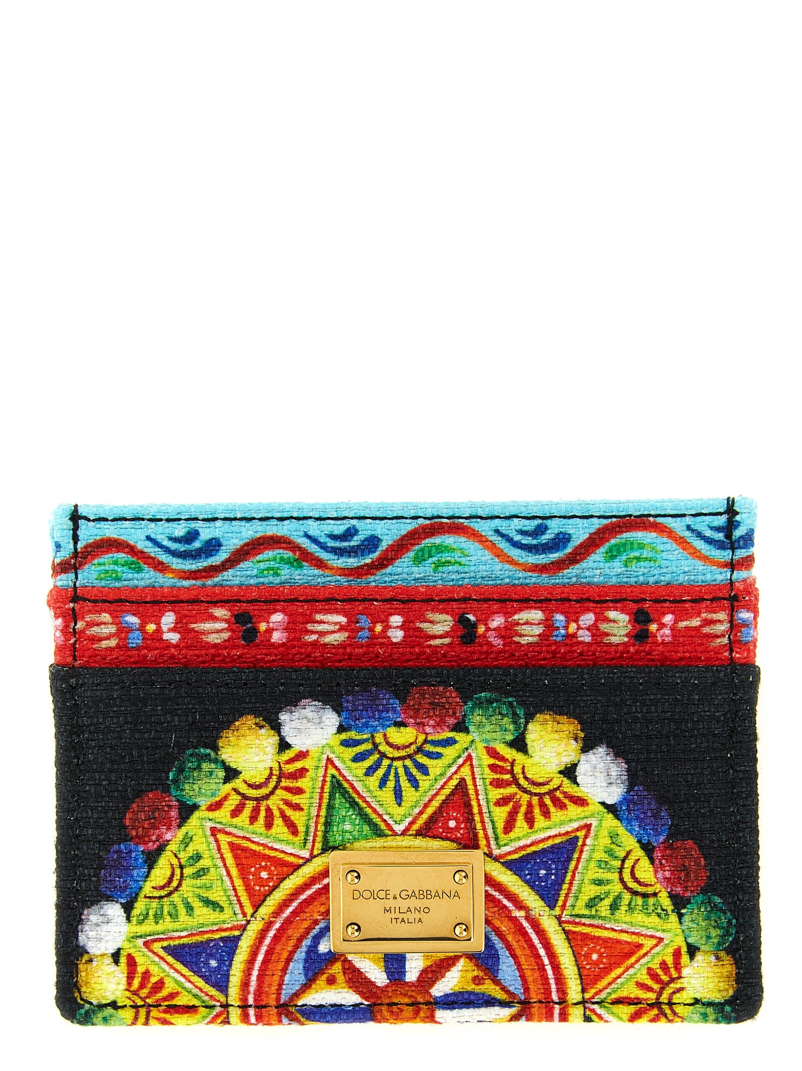 Cardholder Card Case by Dolce & Gabbana for women in stretch cotton linen & leather multicolor, signature & print features a distinguished silhouette, showcasing the distinguished design of the Stretch Cotton Linen & Leather Cardholder Card Case with refined card-organization.