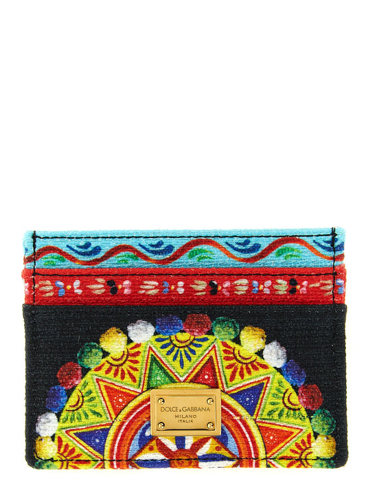 Cardholder Card Case by Dolce & Gabbana for women in stretch cotton linen & leather multicolor, signature & print features a distinguished silhouette, showcasing the distinguished design of the Stretch Cotton Linen & Leather Cardholder Card Case with refined card-organization.