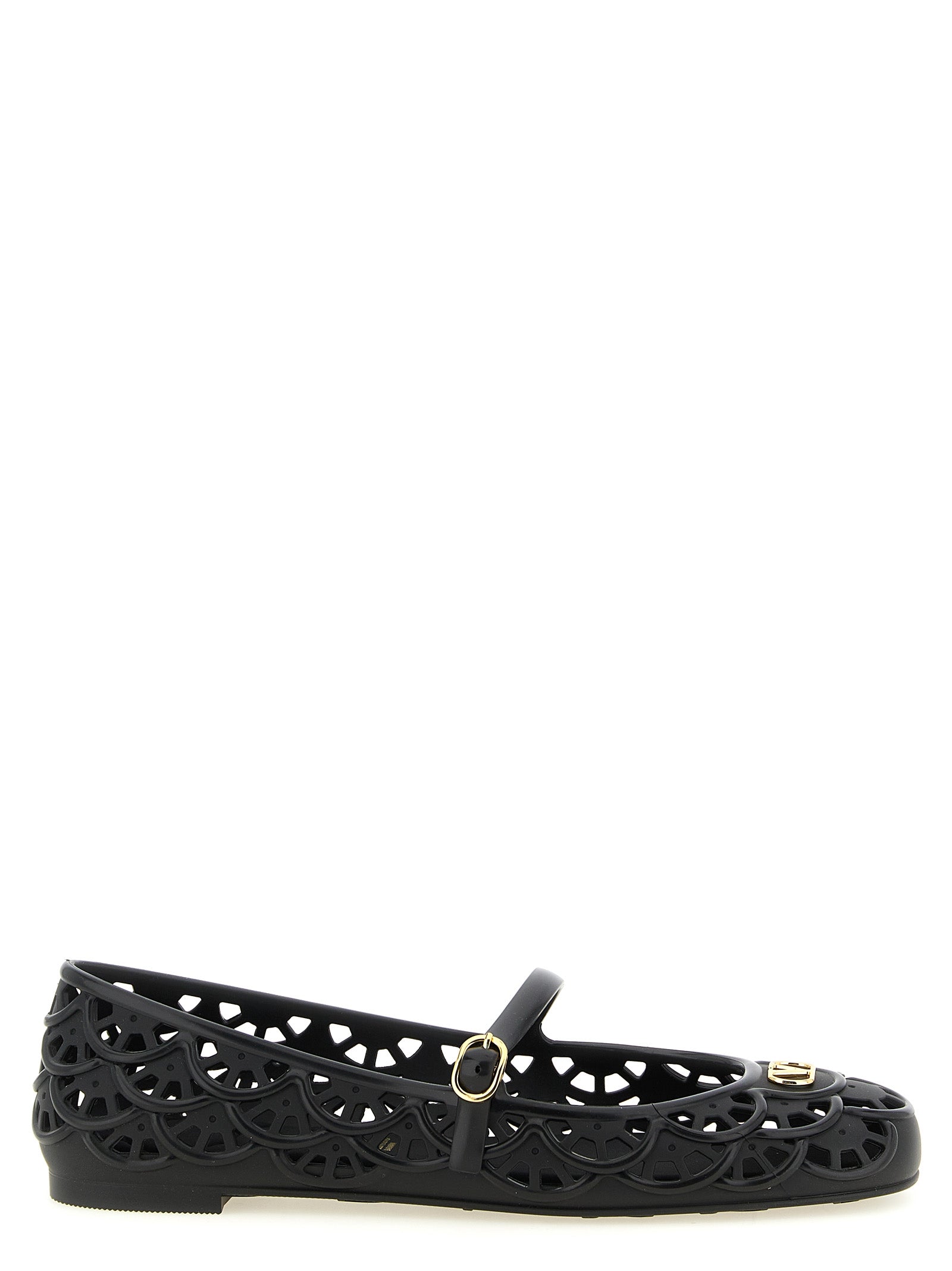 Ballet Flat Shoes by Valentino Garavani for women in pvc black, patterned & signature presents a impeccable silhouette as V Logo Women's PVC Ballet Flat Shoes, artfully designed with a and a impeccable for a refined, upscale finish.