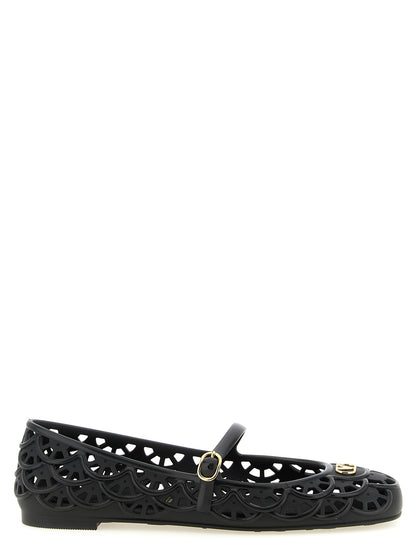 Ballet Flat Shoes by Valentino Garavani for women in pvc black, patterned & signature presents a impeccable silhouette as V Logo Women's PVC Ballet Flat Shoes, artfully designed with a and a impeccable for a refined, upscale finish.