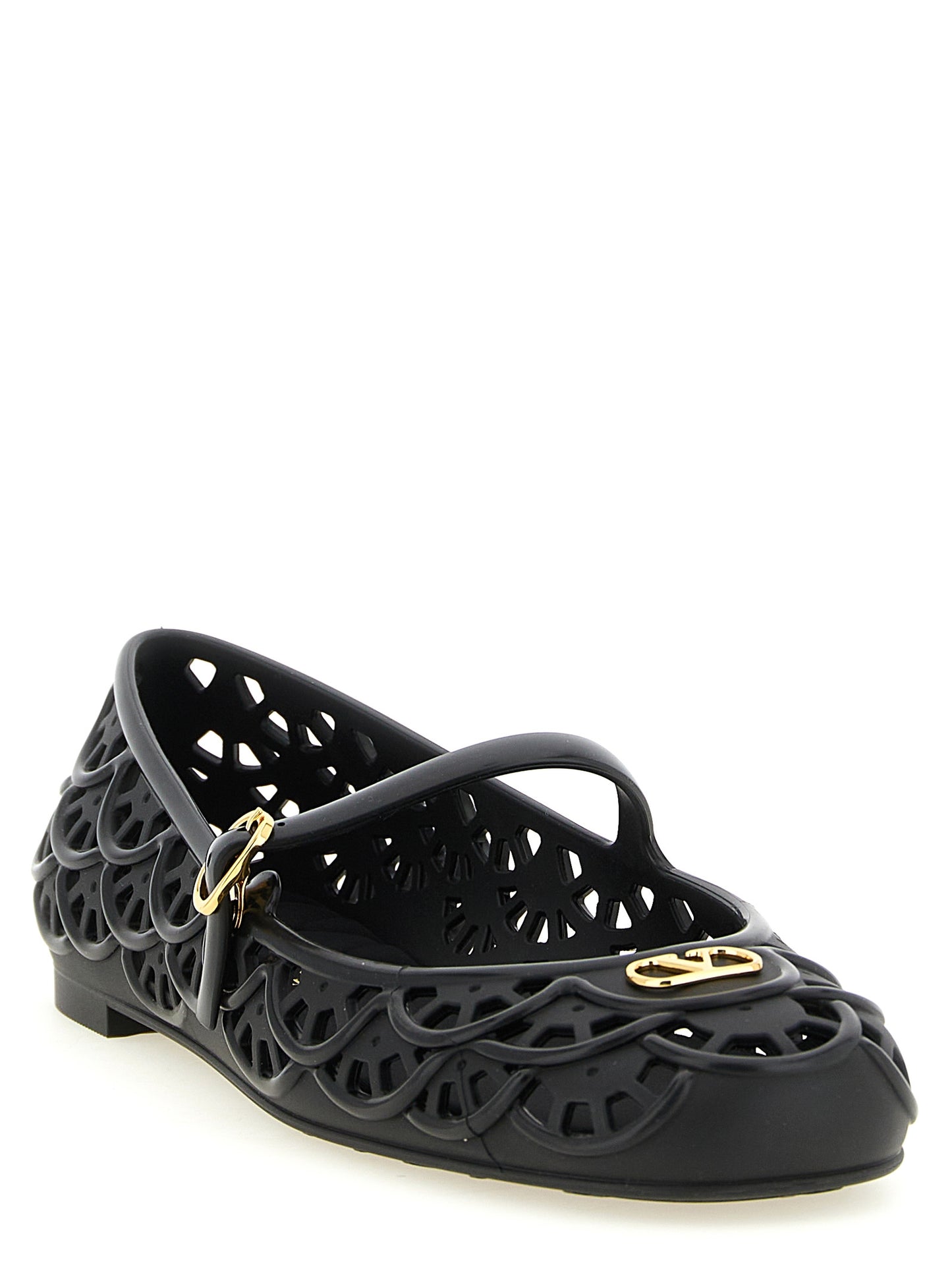 Ballet Flat Shoes by Valentino Garavani for women in pvc black, patterned & signature showcases a resplendent V Logo Women's PVC Ballet Flat Shoes aesthetic with a and .