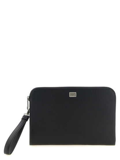 Dolce & Gabbana Sicily Calfskin Leather Cotton Clutch Handbag - Black