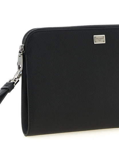 Dolce & Gabbana Sicily Calfskin Leather Cotton Clutch Handbag - Black