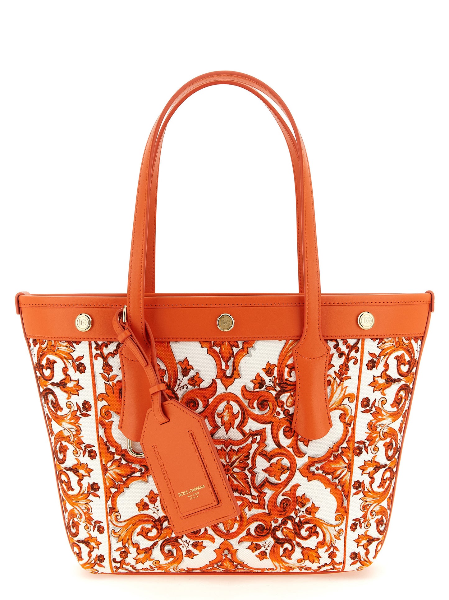 Dolce & Gabbana Atene Maiolica Calfskin Suede Leather Shopper Tote Clutch Bag - Gold Orange Print