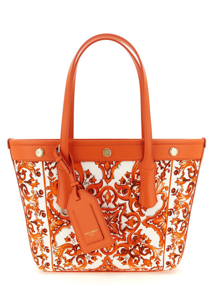 Dolce & Gabbana Atene Maiolica Calfskin Suede Leather Shopper Tote Clutch Bag - Gold Orange Print
