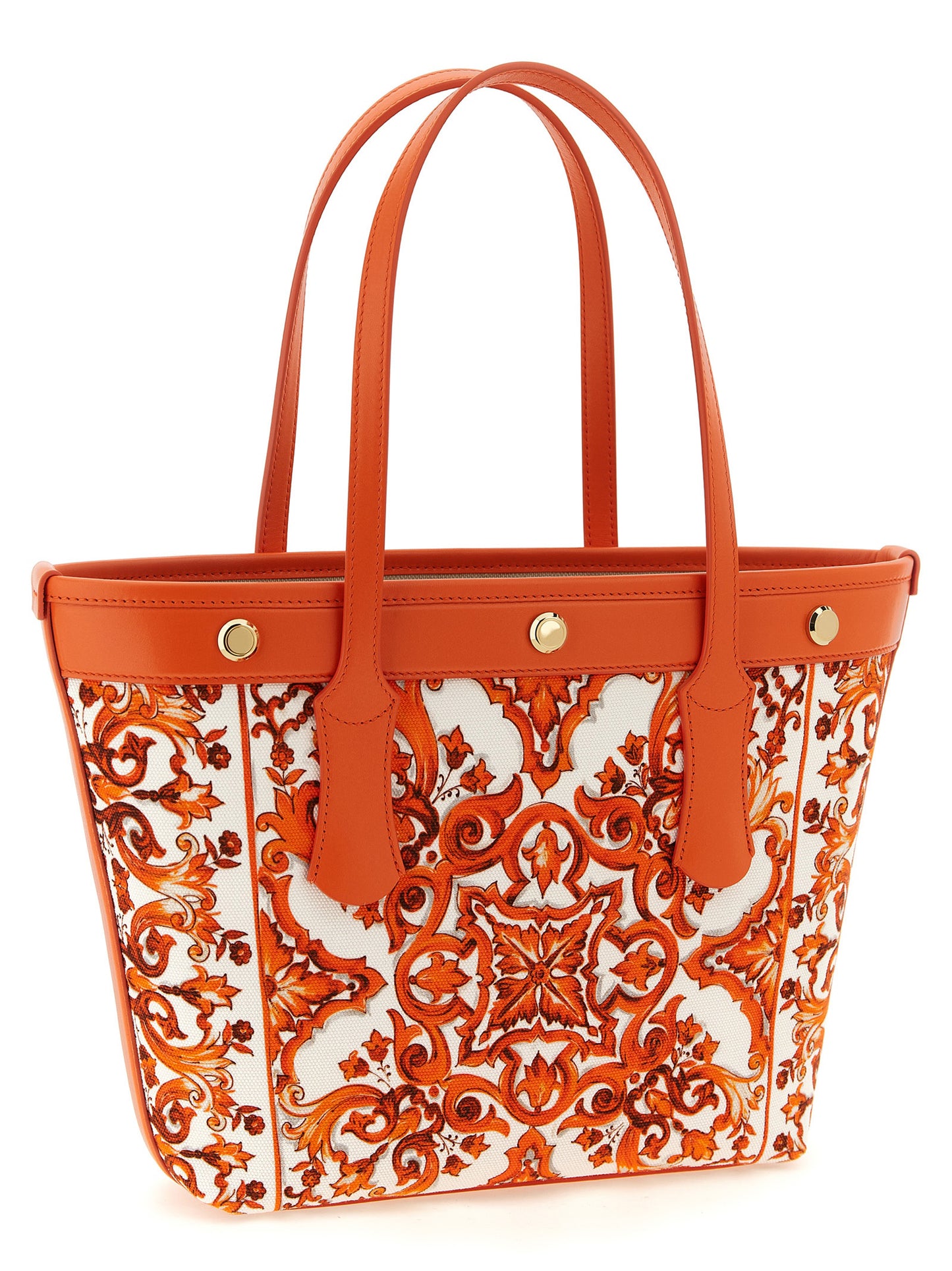 Dolce & Gabbana Atene Maiolica Calfskin Suede Leather Shopper Tote Clutch Bag - Gold Orange Print