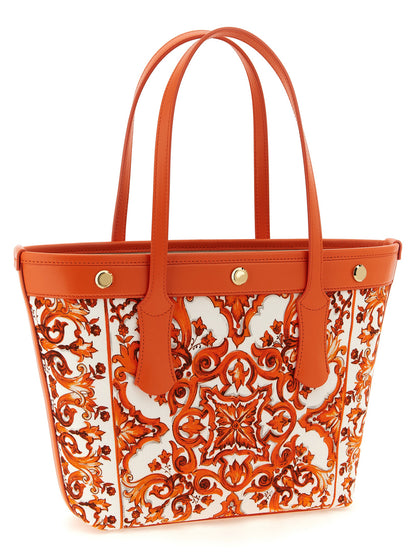 Dolce & Gabbana Atene Maiolica Calfskin Suede Leather Shopper Tote Clutch Bag - Gold Orange Print