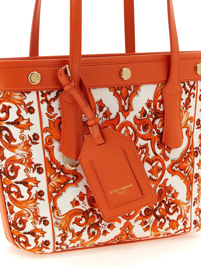 Dolce & Gabbana Atene Maiolica Calfskin Suede Leather Shopper Tote Clutch Bag - Gold Orange Print