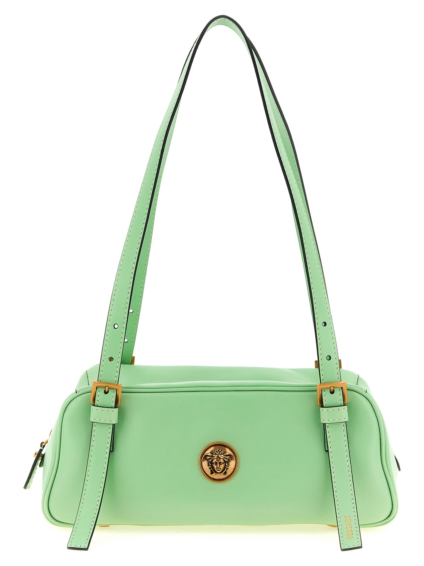 Medium East West Shoulder Bowling Bag by Versace for women in cotton canvas & nappa lambskin leather bicolour, gold & green showcases a enviable silhouette, artfully detailed with a secure zipper & buckle, organized , and versatile shoulder-strap, handle & adjustable-strap for a enviable look.