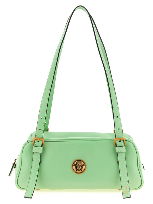 Medium East West Shoulder Bowling Bag by Versace for women in cotton canvas & nappa lambskin leather bicolour, gold & green showcases a enviable silhouette, artfully detailed with a secure zipper & buckle, organized , and versatile shoulder-strap, handle & adjustable-strap for a enviable look.