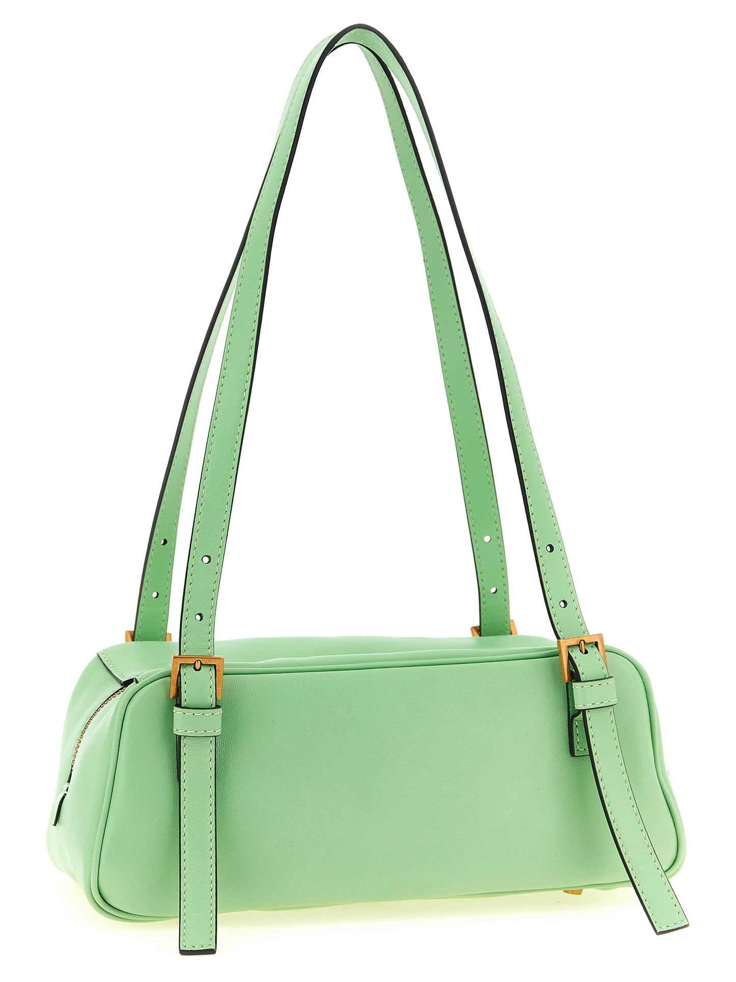 Medium East West Shoulder Bowling Bag by Versace for women in cotton canvas & nappa lambskin leather bicolour, gold & green features a effortless sophistication silhouette, secured by a zipper & buckle with ample and versatile shoulder-strap, handle & adjustable-strap for a effortless sophistication finish.