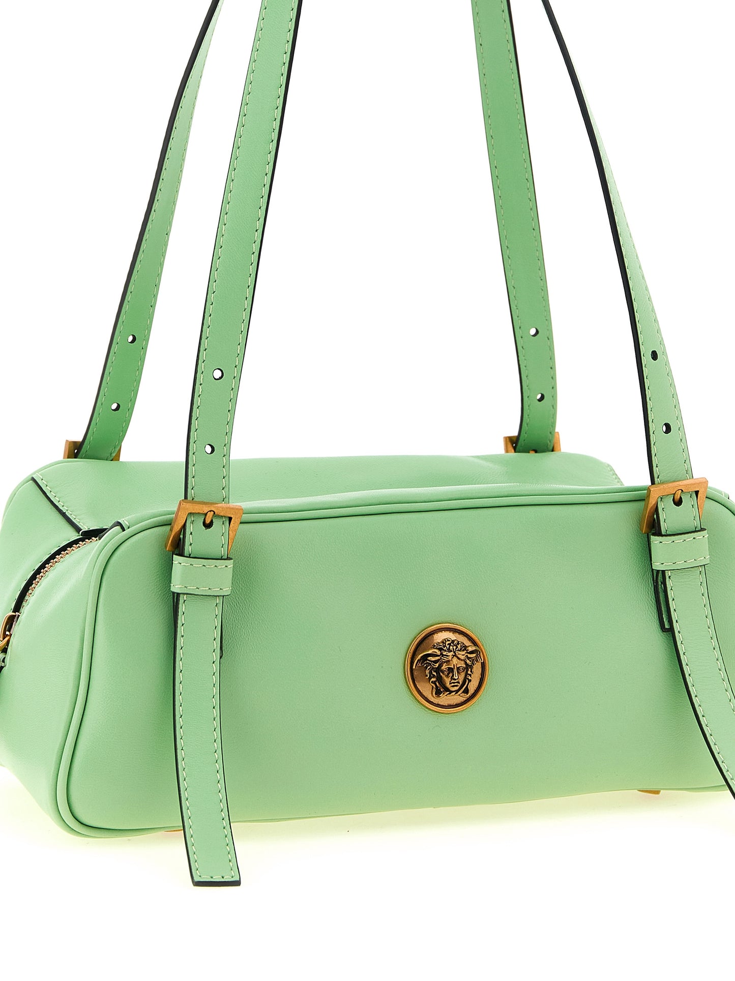 Medium East West Shoulder Bowling Bag by Versace for women in cotton canvas & nappa lambskin leather bicolour, gold & green features a effortless chic silhouette with a secure zipper & buckle, ample , and versatile shoulder-strap, handle & adjustable-strap for a effortless chic finish.
