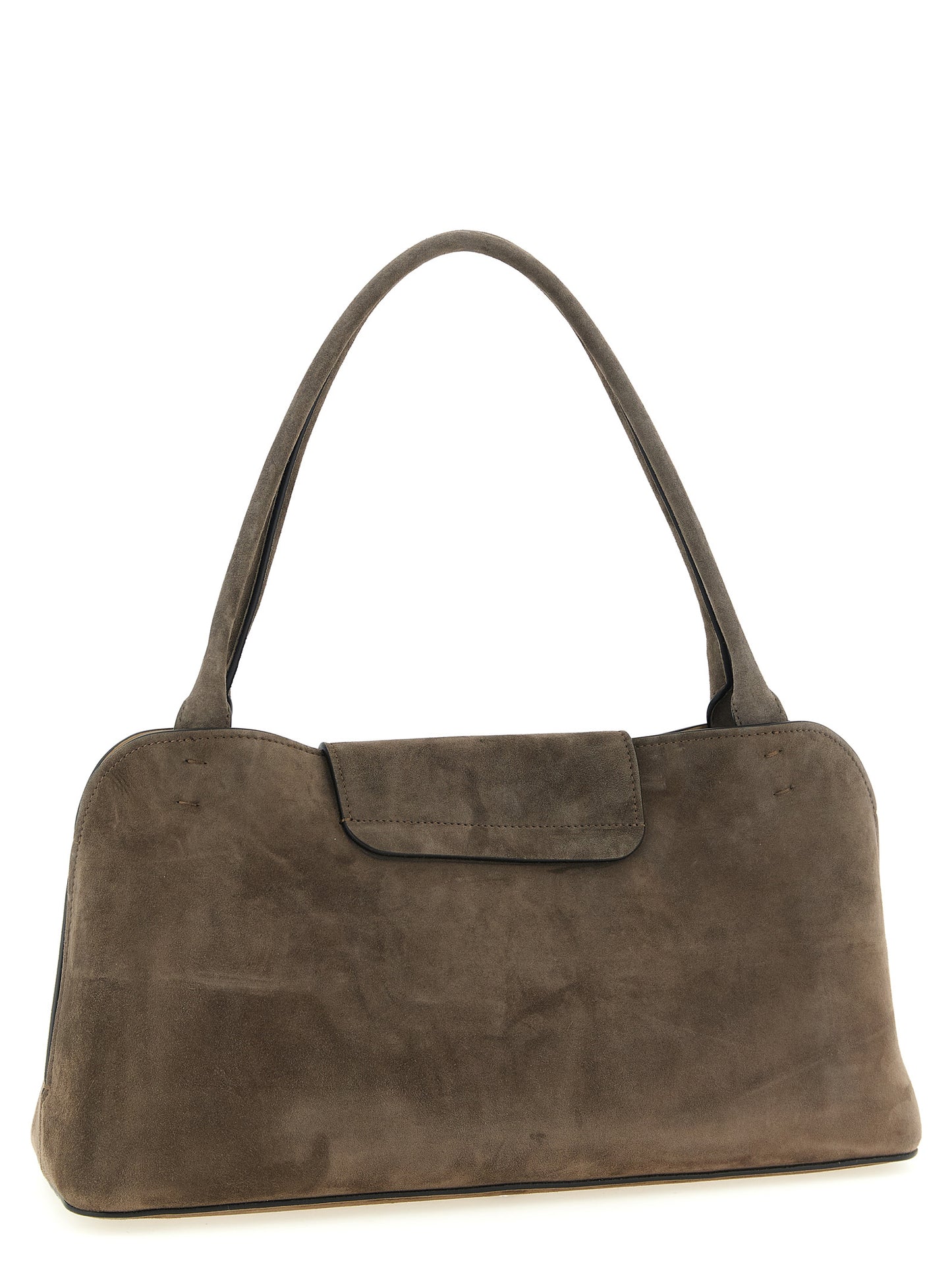 Medium Shoulder East West Flap Bag by Versace for women in calfskin & lambskin leather brown showcases a enviable silhouette, artfully detailed with a secure flap, organized built-in-compartments, and versatile shoulder-strap & handle for a enviable look.