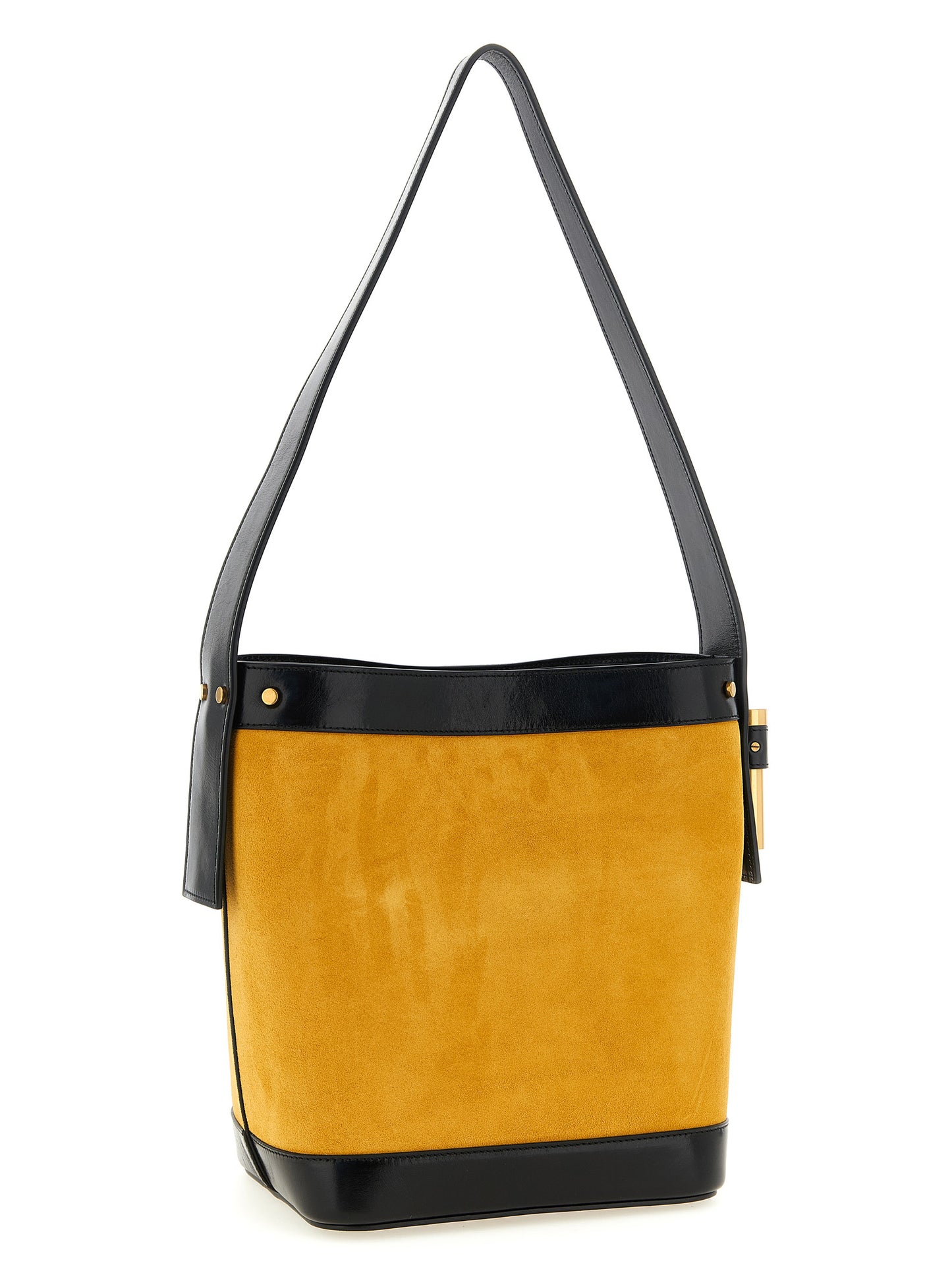 Small Bucket Shoulder Bag by Versace for women in calfskin leather bicolour & yellow features a distinguished silhouette, showcasing a secure magnetic and distinguished with versatile handle for a distinguished finish.