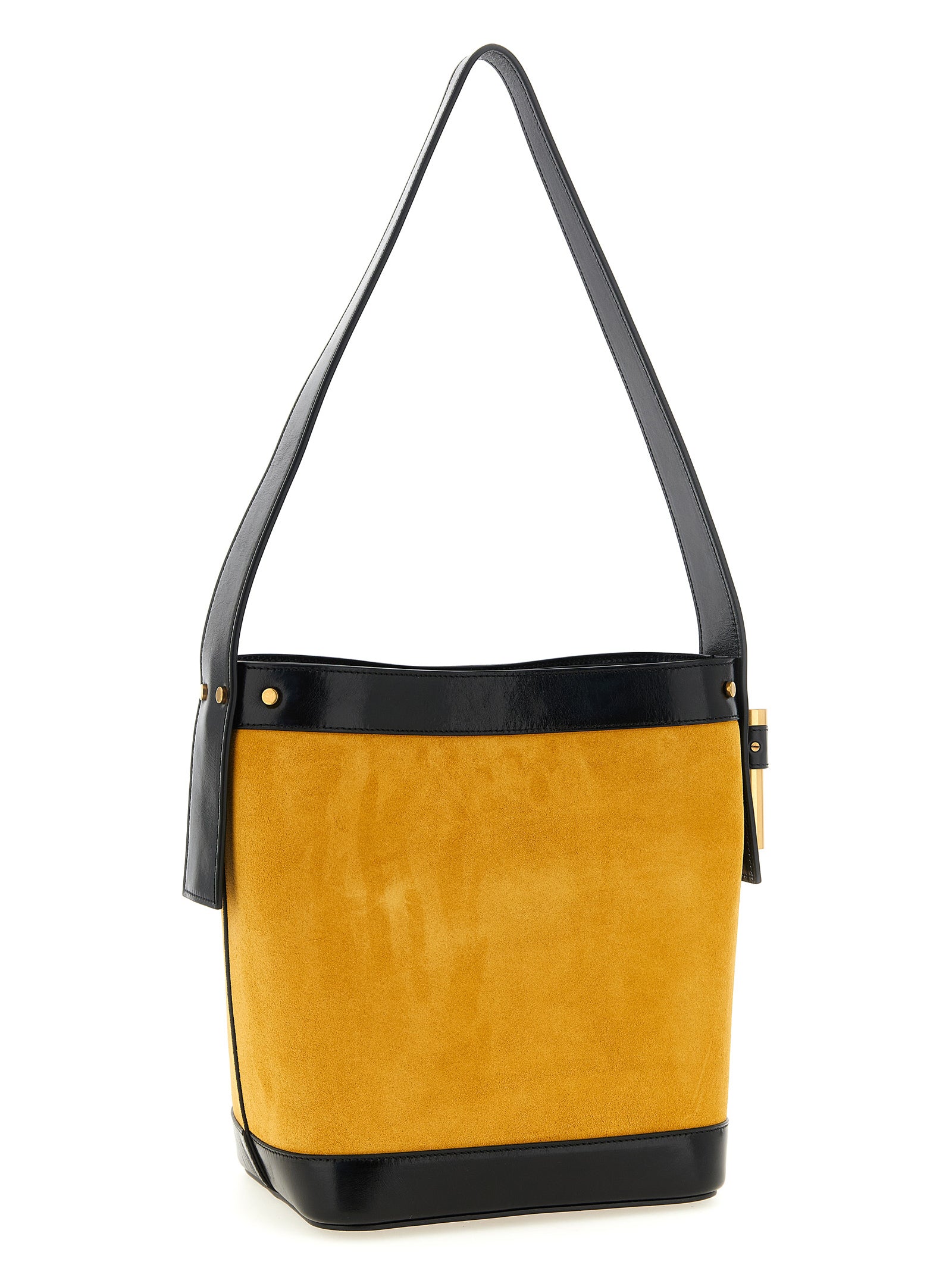 Small Bucket Shoulder Bag by Versace for women in calfskin leather bicolour & yellow features a distinguished silhouette, showcasing a secure magnetic and distinguished with versatile handle for a distinguished finish.