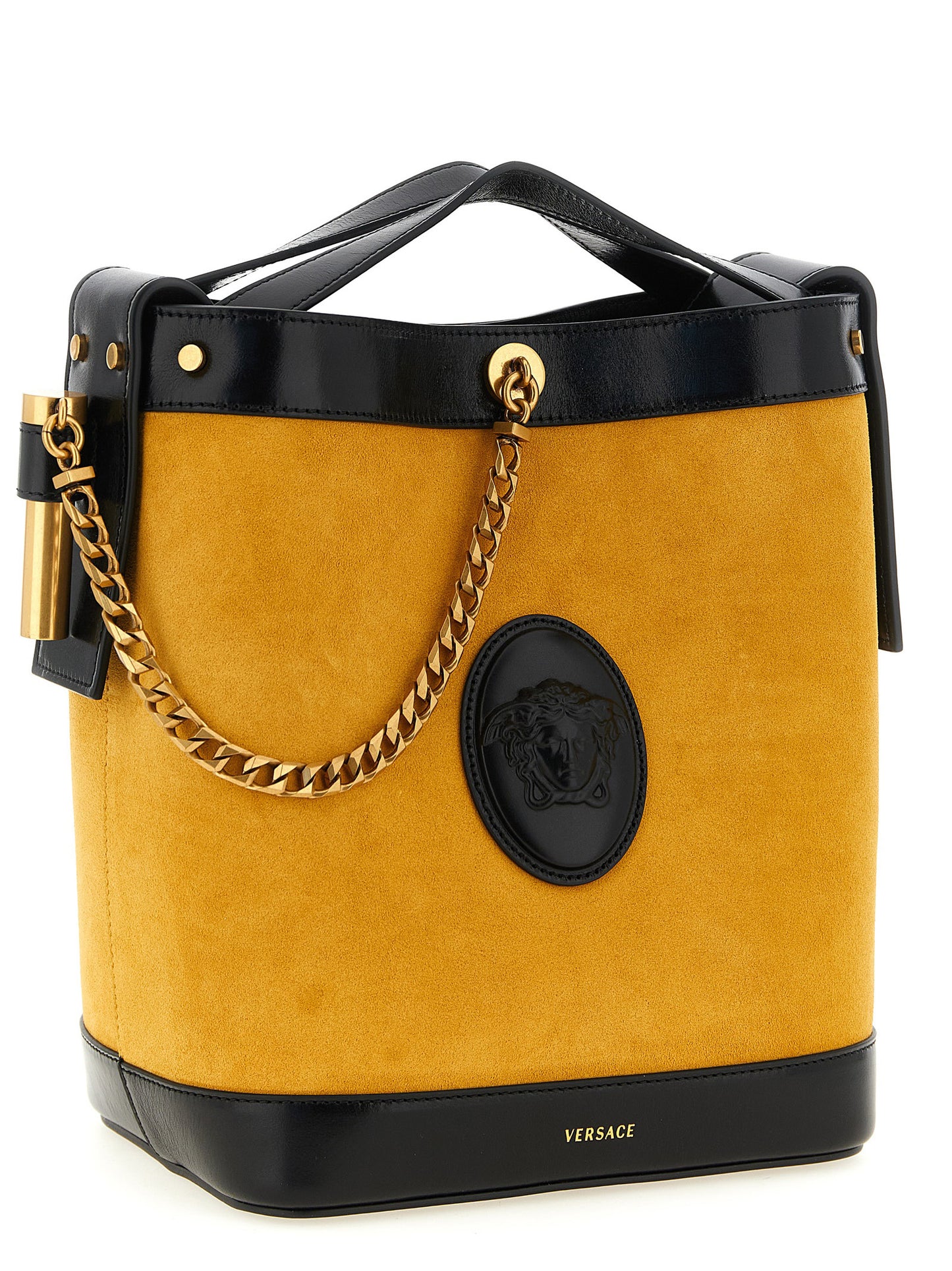 Small Bucket Shoulder Bag by Versace for women in calfskin leather bicolour & yellow features an effortlessly chic silhouette with a secure magnetic, ample , and versatile handle for effortlessly chic everyday luxury.