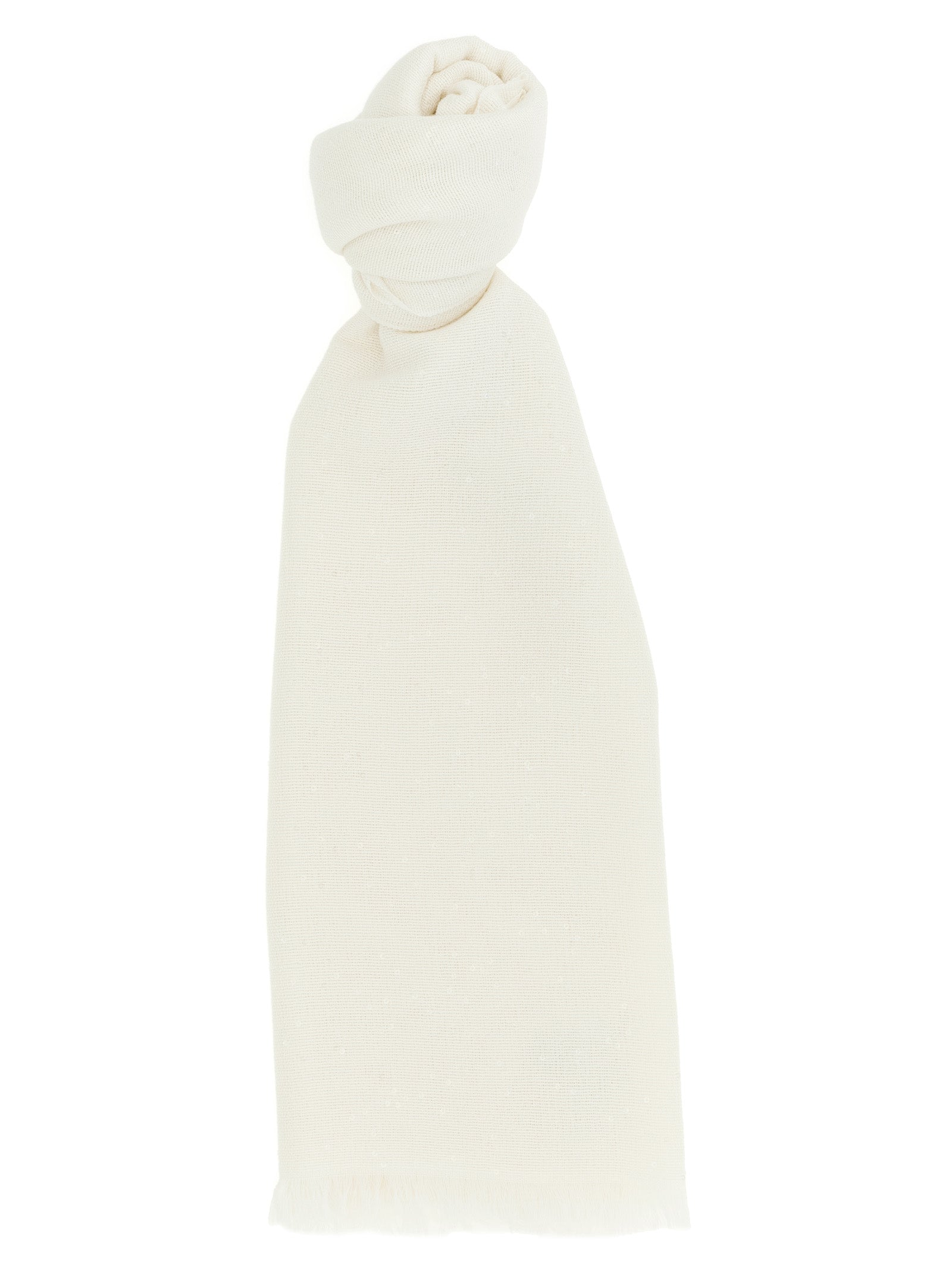 Scarf by Brunello Cucinelli for women in silk cashmere & sequins white showcases a warm silhouette from the Silk Cashmere & Sequins Scarf collection, offering a warm drape that exudes sophisticated luxury.