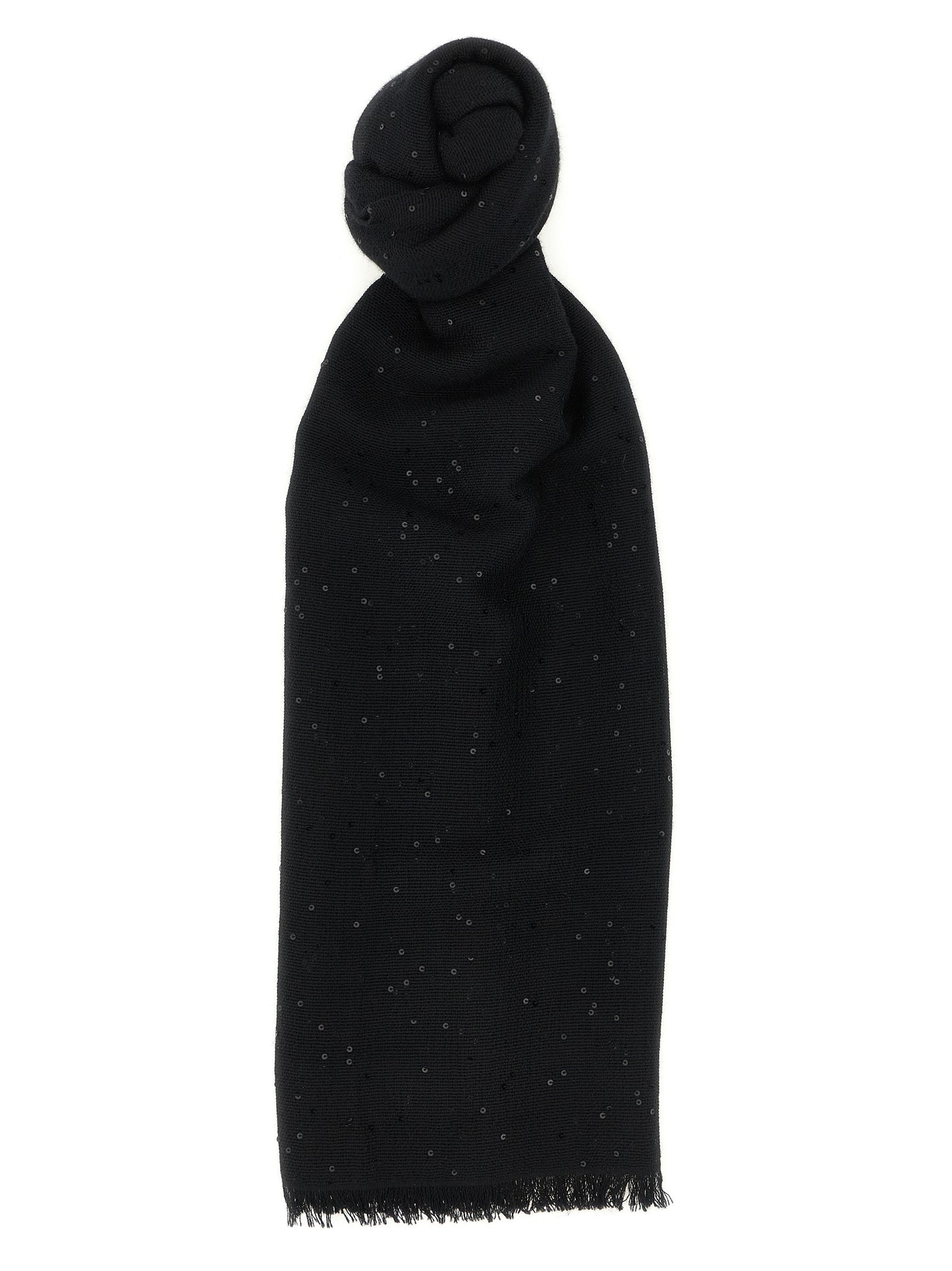 Scarf by Brunello Cucinelli for women in silk cashmere & sequins black features a timeless silhouette, artfully capturing the essence of the timeless Silk Cashmere & Sequins Scarf design for a sophisticated look.