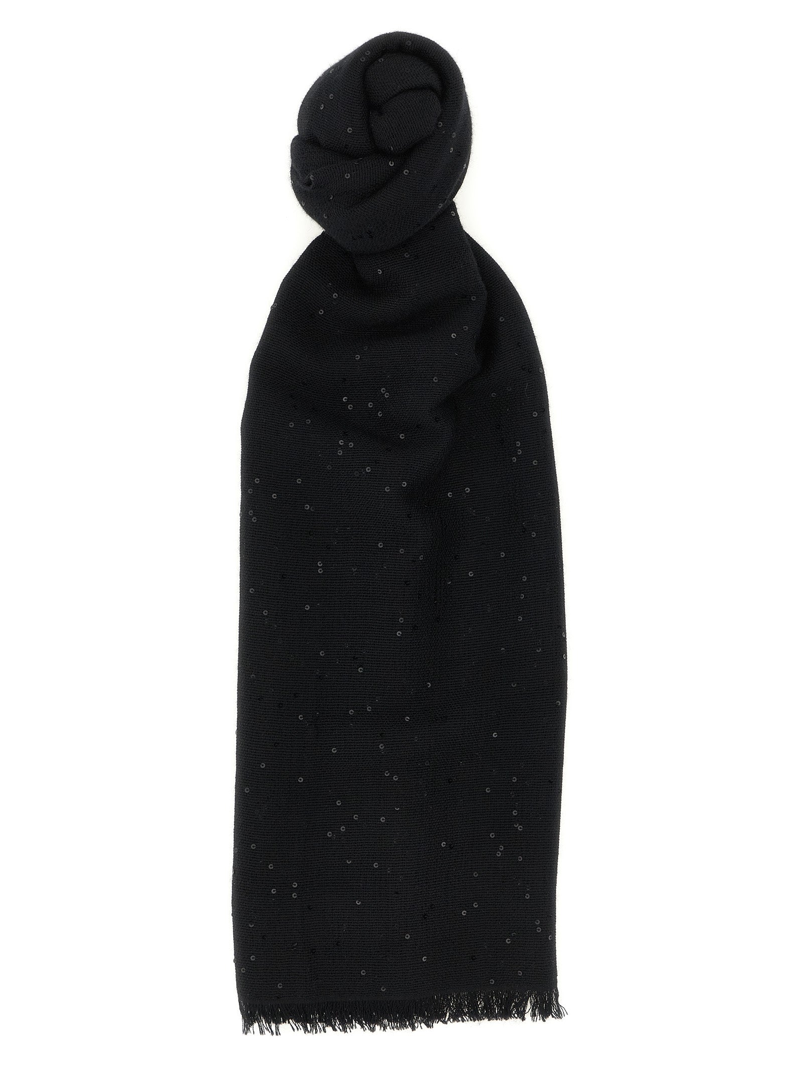 Scarf by Brunello Cucinelli for women in silk cashmere & sequins black features a timeless silhouette, artfully capturing the essence of the timeless Silk Cashmere & Sequins Scarf design for a sophisticated look.