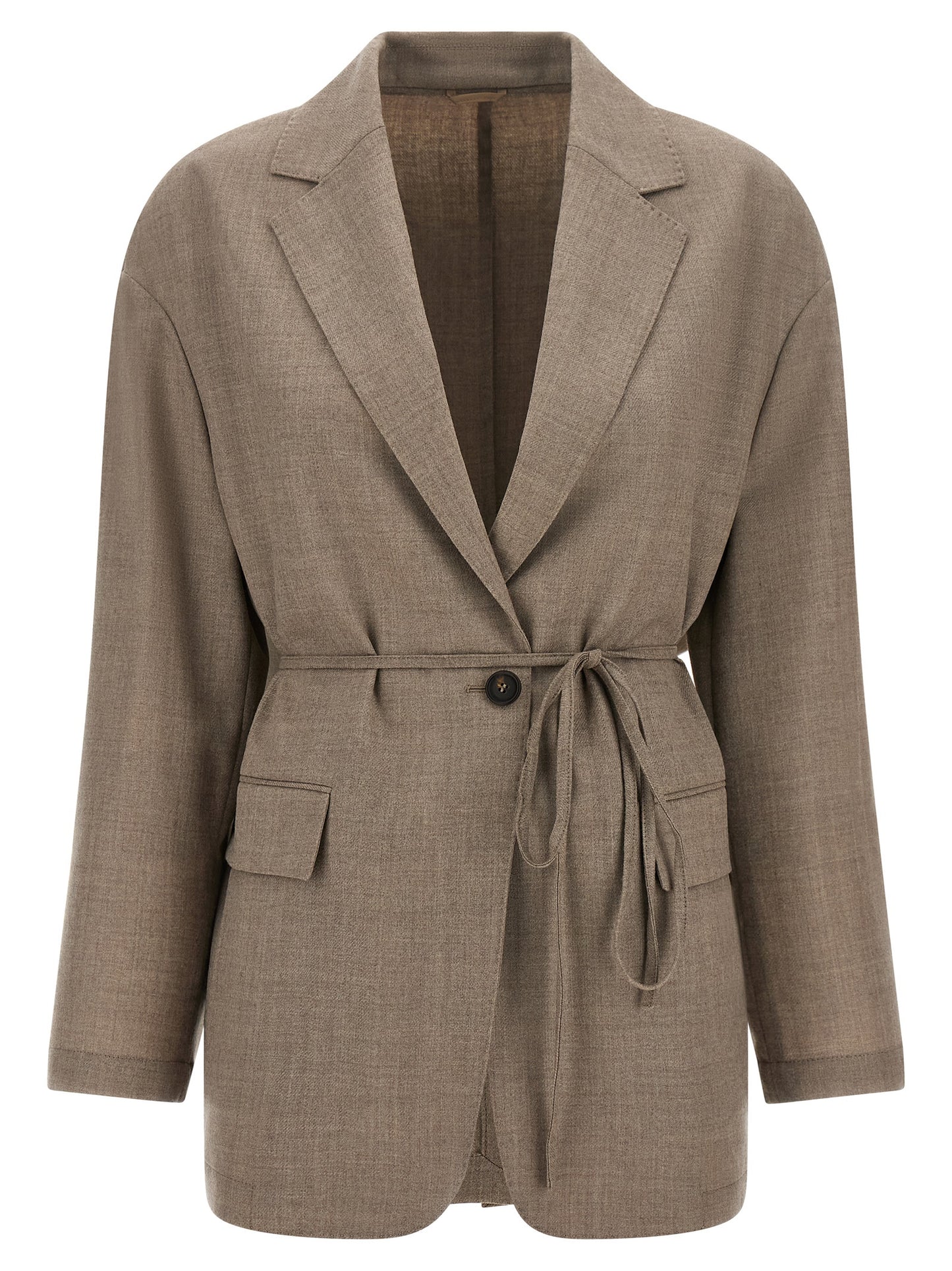 Blazer by Brunello Cucinelli for women in virgin wool beige, horn & patterned features an sartorial silhouette, showcasing a sophisticated split neckline and sartorial for a truly sartorial finish.