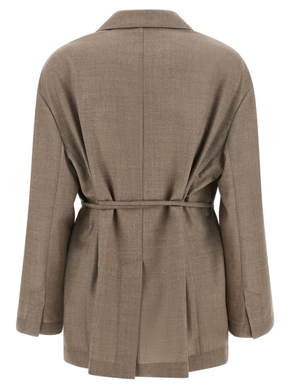 Blazer by Brunello Cucinelli for women in virgin wool beige, horn & patterned showcases a polished silhouette, highlighted by a refined split neckline and polished for a sophisticated finish.