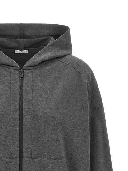 Sweatshirt Hoodie by Brunello Cucinelli for women in stretch cotton gray features a slouchy chic silhouette, detailed with a slouchy chic and a signature hooded neckline for an elevated aesthetic.