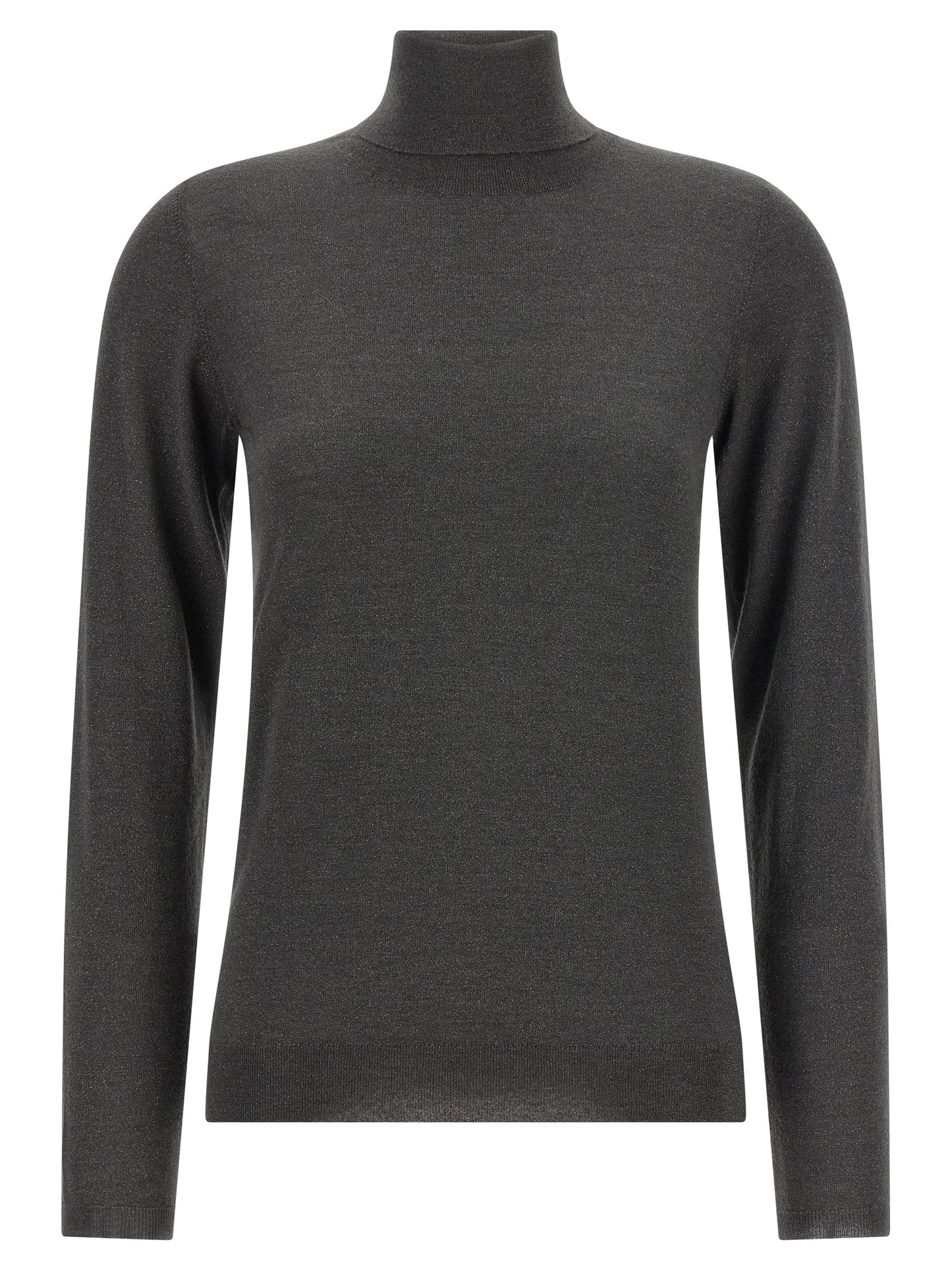 Cardigan by Brunello Cucinelli for women in nylon silk & cashmere gray features a nuanced silhouette with a refined turtle high-neck neckline and nuanced detailing for a sophisticated look.