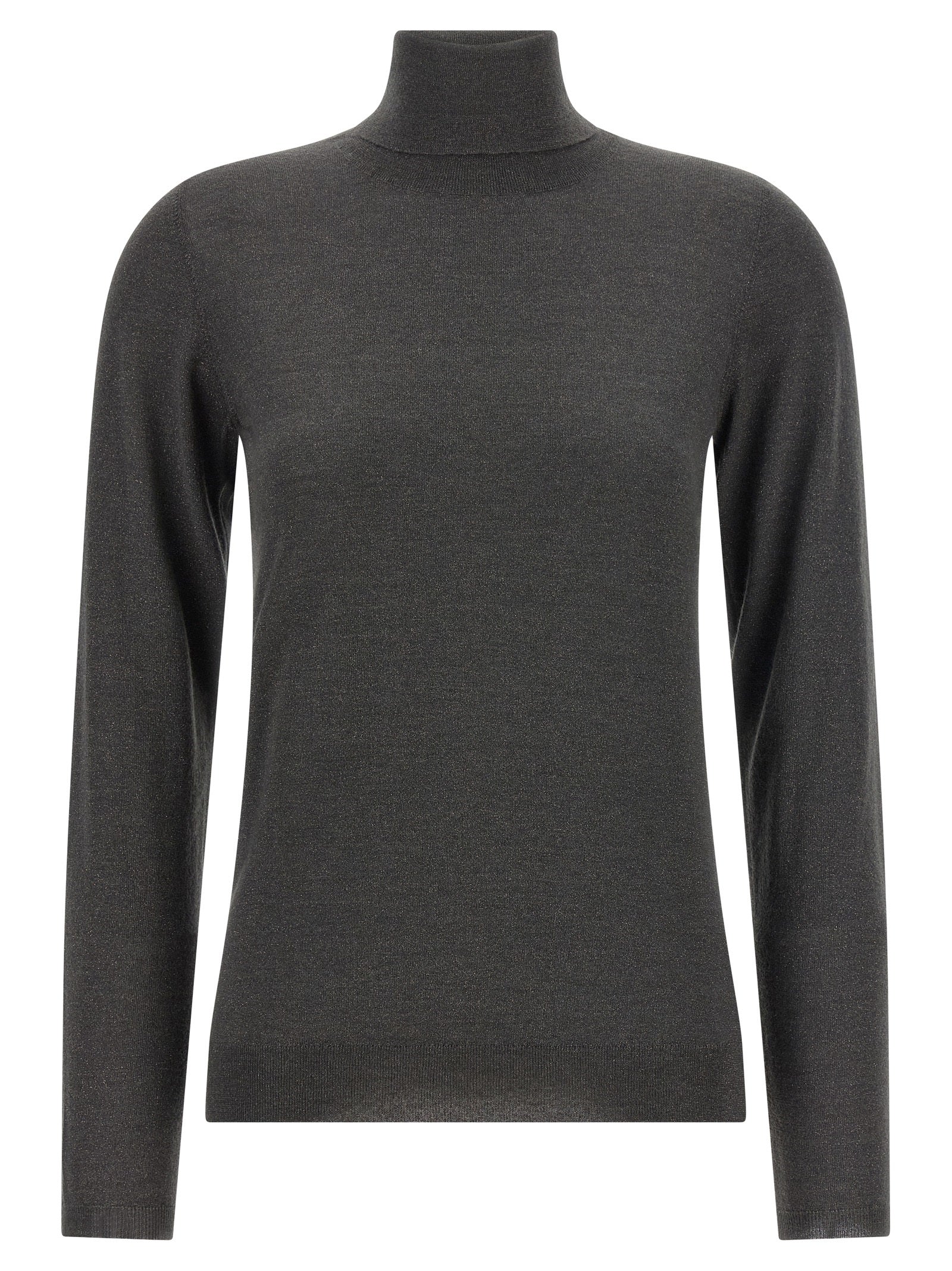 Cardigan by Brunello Cucinelli for women in nylon silk & cashmere gray features a nuanced silhouette with a refined turtle high-neck neckline and nuanced detailing for a sophisticated look.