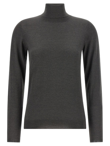 Cardigan by Brunello Cucinelli for women in nylon silk & cashmere gray features a nuanced silhouette with a refined turtle high-neck neckline and nuanced detailing for a sophisticated look.