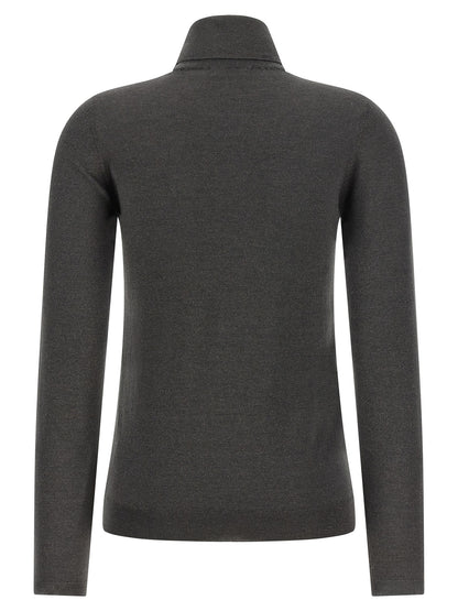 Cardigan by Brunello Cucinelli for women in nylon silk & cashmere gray features an crisp silhouette, showcasing a sophisticated turtle high-neck neckline and detail for a truly crisp finish.