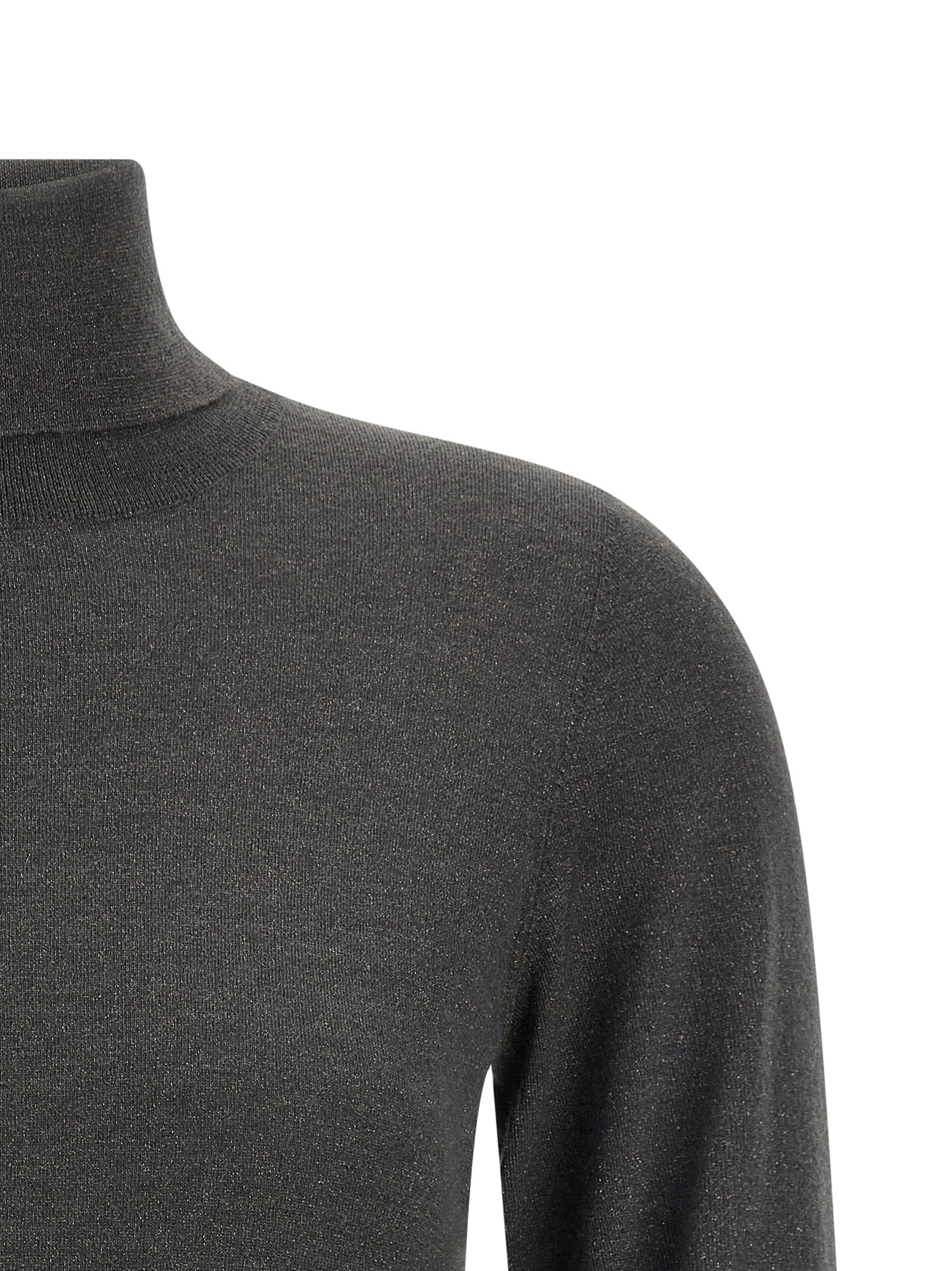 Cardigan by Brunello Cucinelli for women in nylon silk & cashmere gray showcases a luxurious silhouette, meticulously detailed with a sophisticated turtle high-neck neckline and for a refined finish.