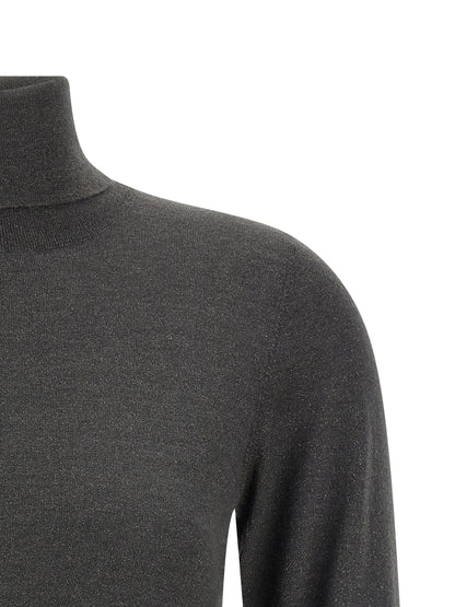 Cardigan by Brunello Cucinelli for women in nylon silk & cashmere gray showcases a luxurious silhouette, meticulously detailed with a sophisticated turtle high-neck neckline and for a refined finish.