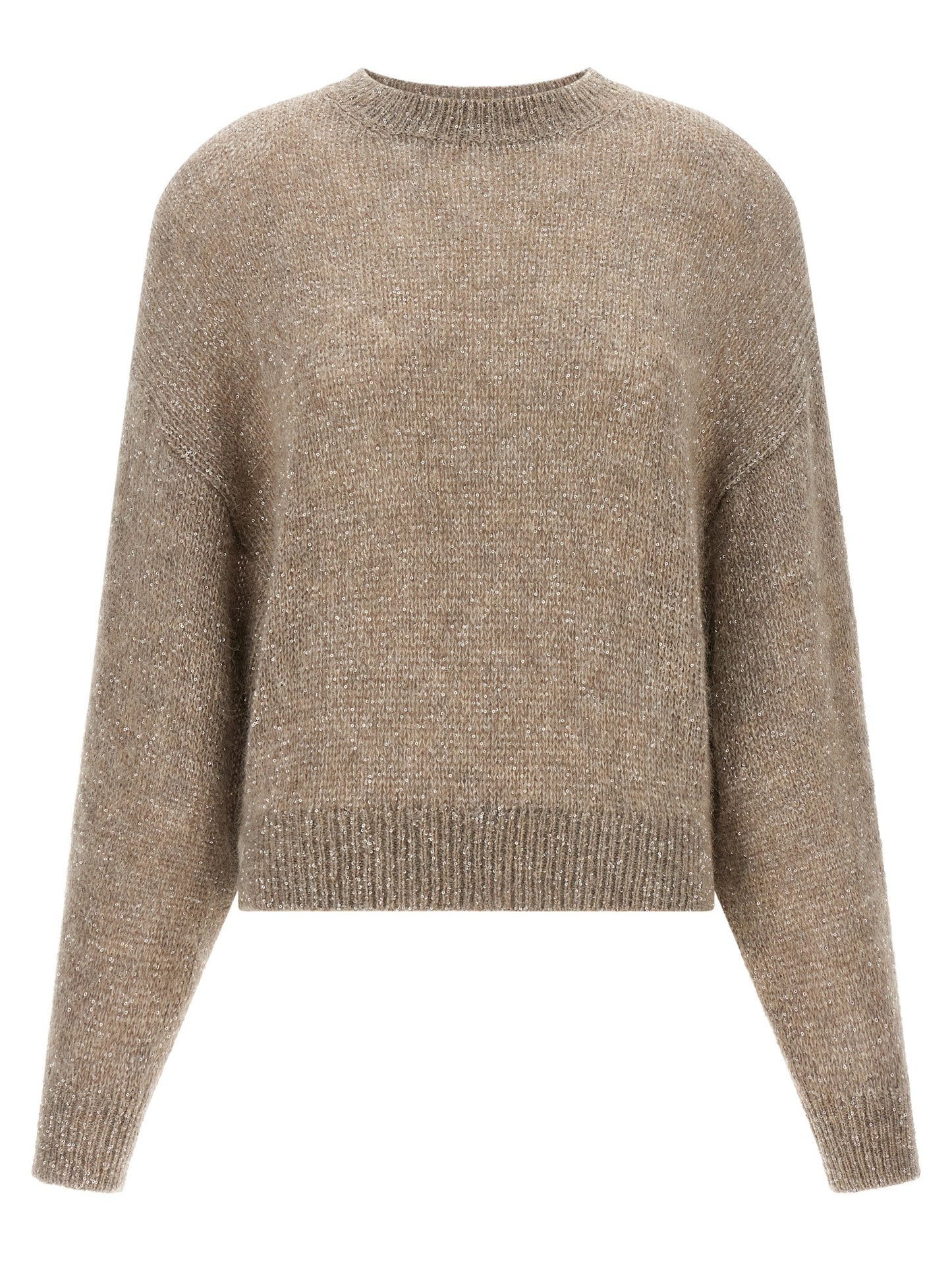 Cardigan by Brunello Cucinelli for women in mohair alpaca wool & sequins beige features a dramatic silhouette, showcasing a sophisticated wrap crew neckline and dramatic long-sleeve detail for a timeless, premium look.