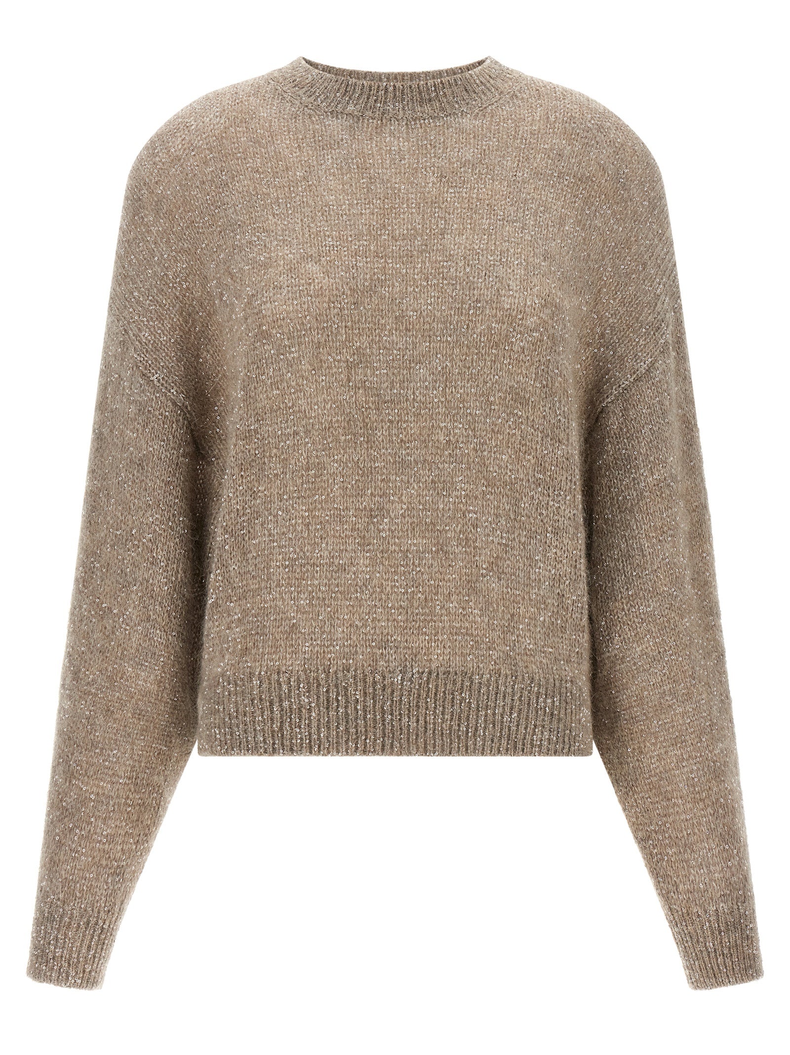 Cardigan by Brunello Cucinelli for women in mohair alpaca wool & sequins beige features a dramatic silhouette, showcasing a sophisticated wrap crew neckline and dramatic long-sleeve detail for a timeless, premium look.