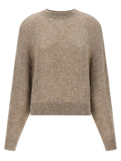 Cardigan by Brunello Cucinelli for women in mohair alpaca wool & sequins beige features a dramatic silhouette, showcasing a sophisticated wrap crew neckline and dramatic long-sleeve detail for a timeless, premium look.