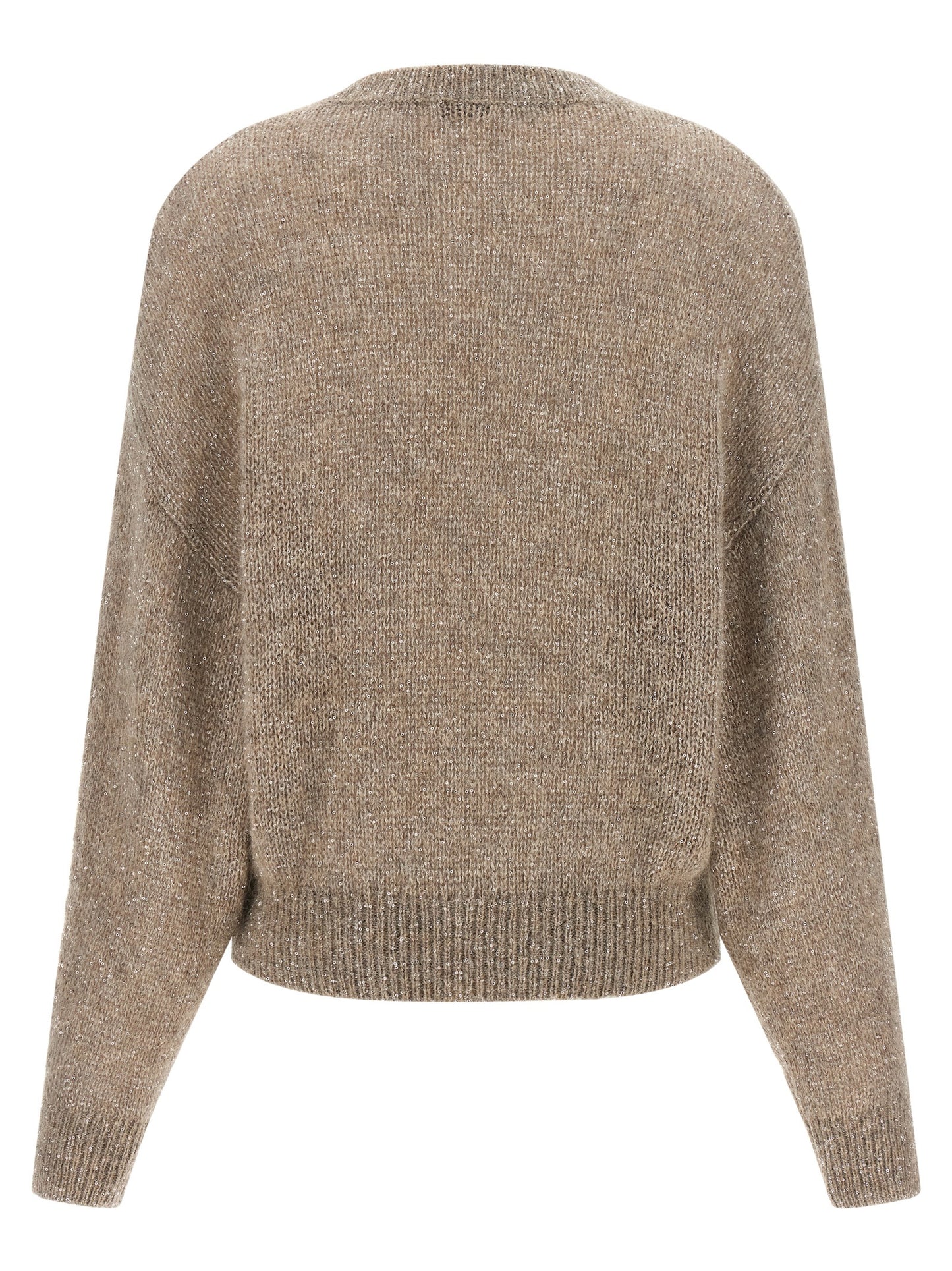 Cardigan by Brunello Cucinelli for women in mohair alpaca wool & sequins beige presents a textural silhouette, artfully finished with a textural wrap crew neckline and for a sophisticated, textural look.