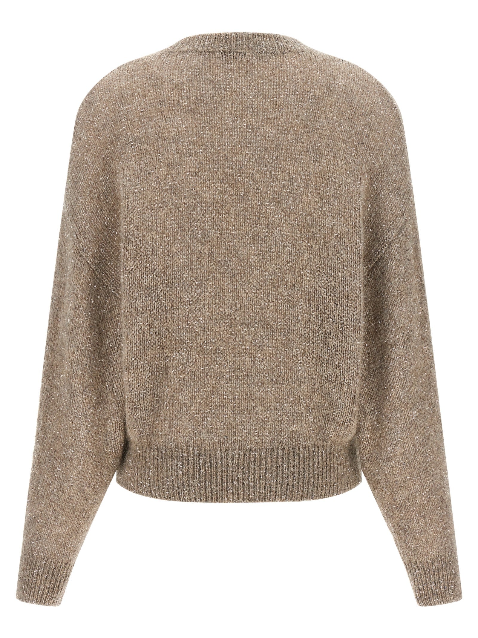Cardigan by Brunello Cucinelli for women in mohair alpaca wool & sequins beige presents a textural silhouette, artfully finished with a textural wrap crew neckline and for a sophisticated, textural look.