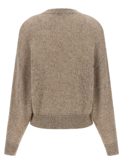 Cardigan by Brunello Cucinelli for women in mohair alpaca wool & sequins beige presents a textural silhouette, artfully finished with a textural wrap crew neckline and for a sophisticated, textural look.